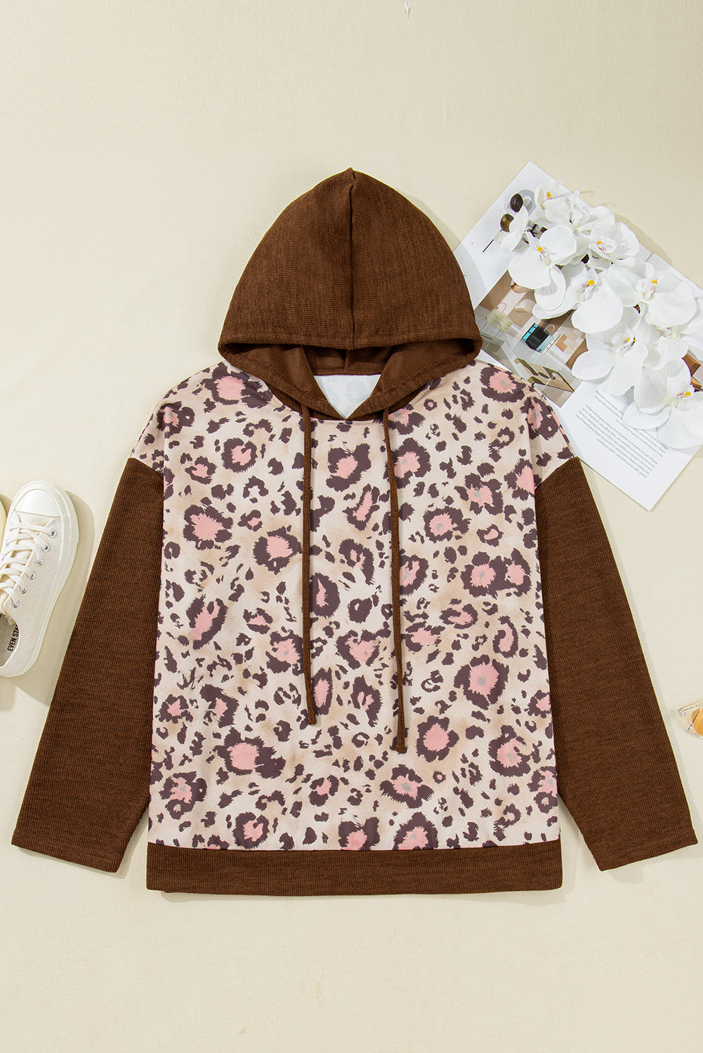 Brown Leopard Print Knit Patchwork Plus Hoodie-Tops / Dresses-[Adult]-[Female]-2022 Online Blue Zone Planet