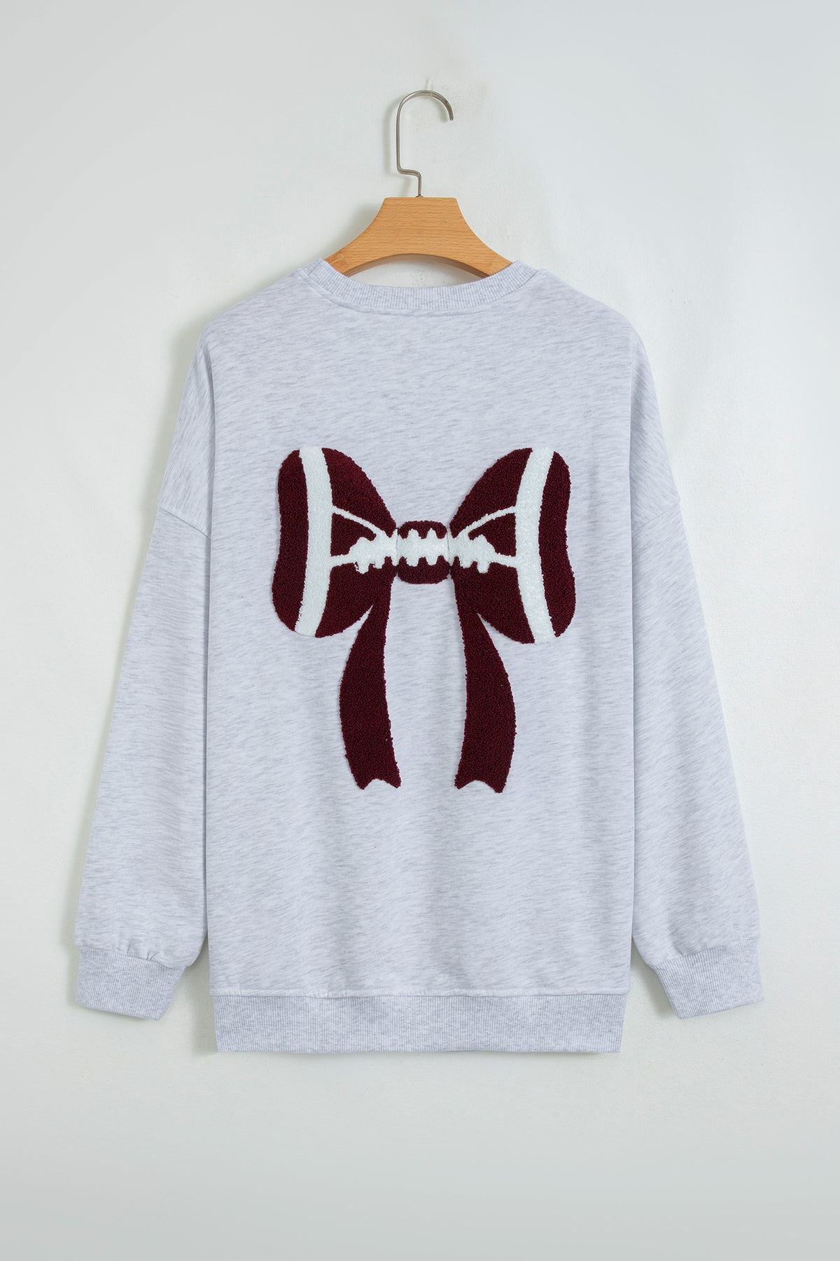 Gray Chenille Embroidered Rugby Bow Game Day Oversized Sweatshirt-Tops/Sweatshirts & Hoodies-[Adult]-[Female]-2022 Online Blue Zone Planet