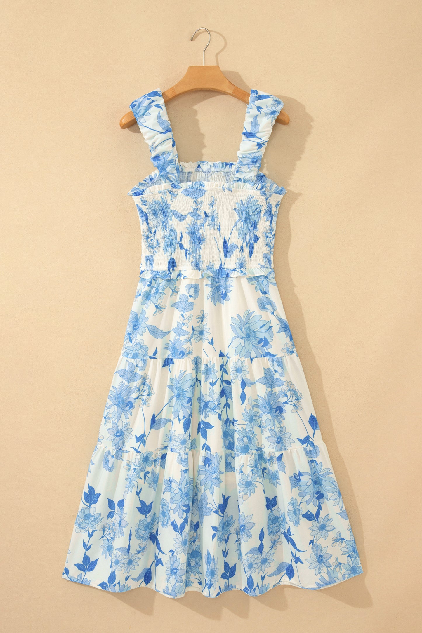 Sky Blue Ruffled Straps Smocked High Waist Floral Maxi Dress-TOPS / DRESSES-[Adult]-[Female]-2022 Online Blue Zone Planet