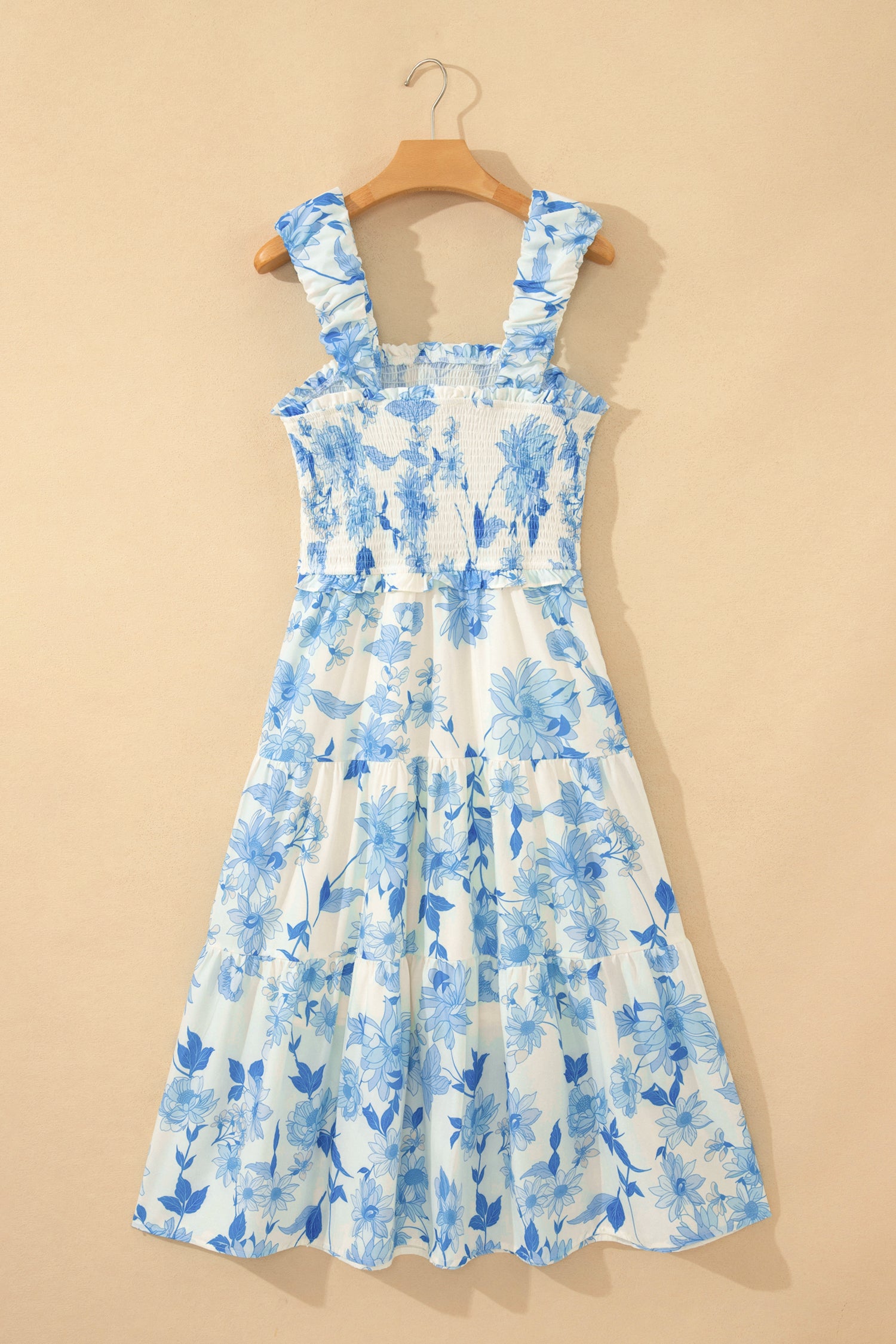 Sky Blue Ruffled Straps Smocked High Waist Floral Maxi Dress-TOPS / DRESSES-[Adult]-[Female]-2022 Online Blue Zone Planet