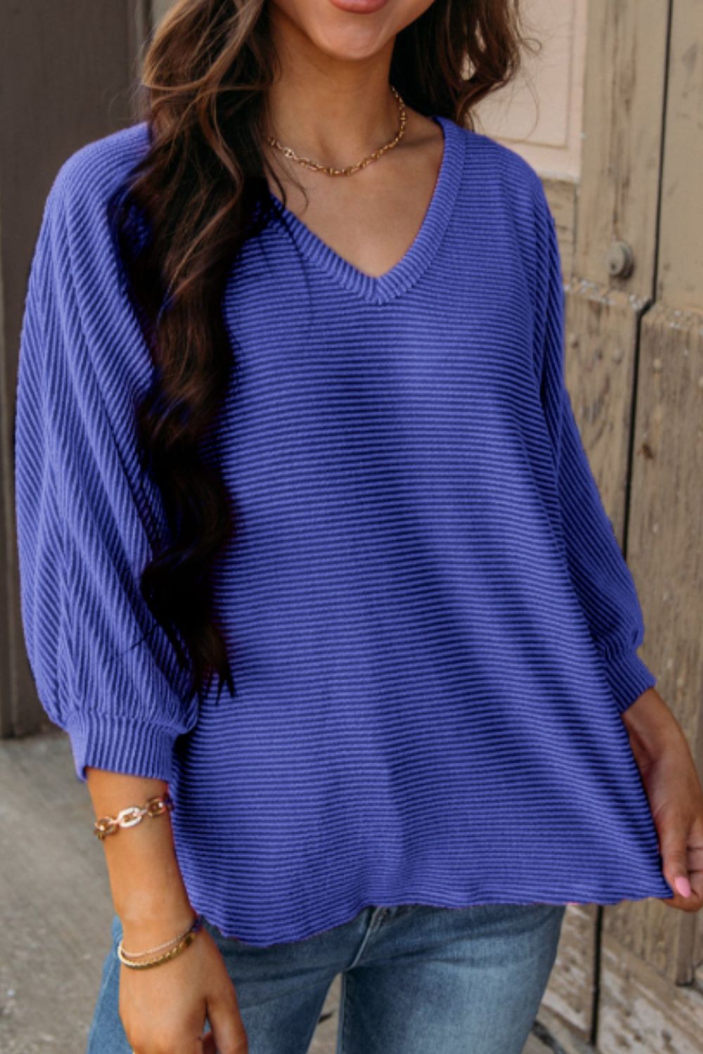 Texture V-Neck Long Sleeve Top-TOPS / DRESSES-[Adult]-[Female]-Blue Purple-S-2022 Online Blue Zone Planet