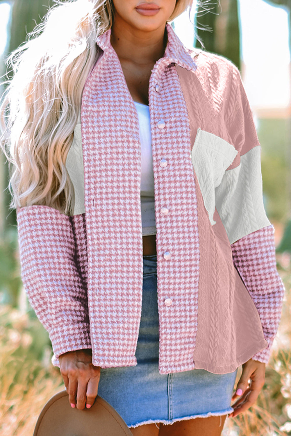 Khaki Houndstooth Color Contrast Textured Patchwork Loose Shacket-Outerwear/Jackets-[Adult]-[Female]-2022 Online Blue Zone Planet