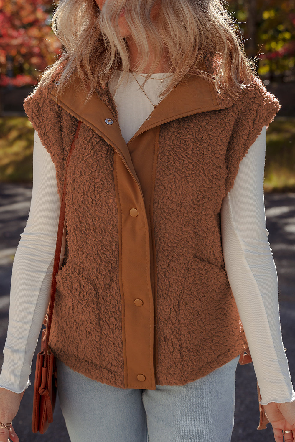 Cinnamon Faux Fur Snap Button Front Knot Side Plush Vest With Pockets-Outerwear/Vests-[Adult]-[Female]-2022 Online Blue Zone Planet