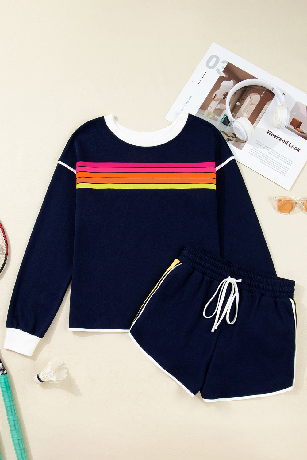 Bluing Colorful Striped Accent Varsity Long Sleeve Pullover and Shorts Matching Set-Two Piece Sets/Short Sets-[Adult]-[Female]-2022 Online Blue Zone Planet