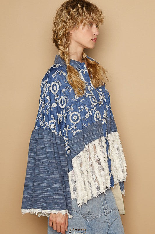 POL Lace Hem Embroidered Long Sleeve Shirt-TOPS / DRESSES-[Adult]-[Female]-2022 Online Blue Zone Planet