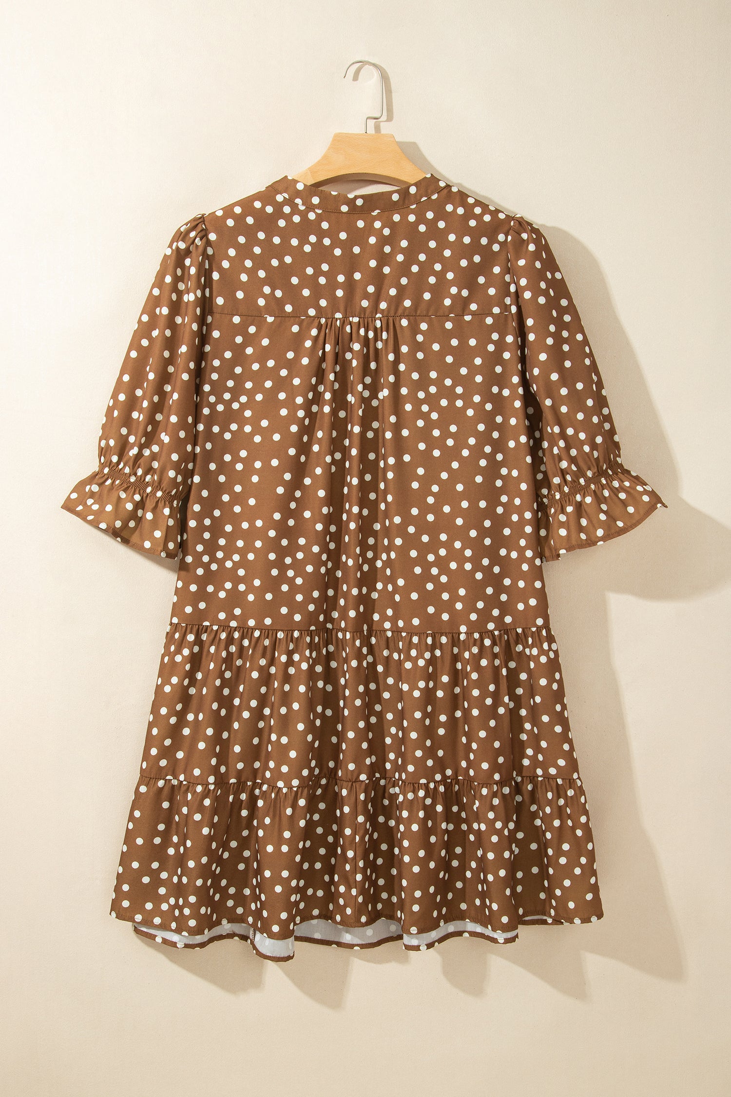 Brown V Neck Polka Dot Long Sleeve Shift Plus Size Dress-TOPS / DRESSES-[Adult]-[Female]-2022 Online Blue Zone Planet