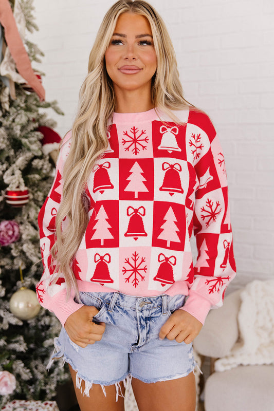 Pink Christmas Plaid Pullover Round Neck Long Sleeve Casual Fit Tunic Knitwear Sweater-Sweaters & Cardigans/Sweaters-[Adult]-[Female]-Pink-S-2022 Online Blue Zone Planet