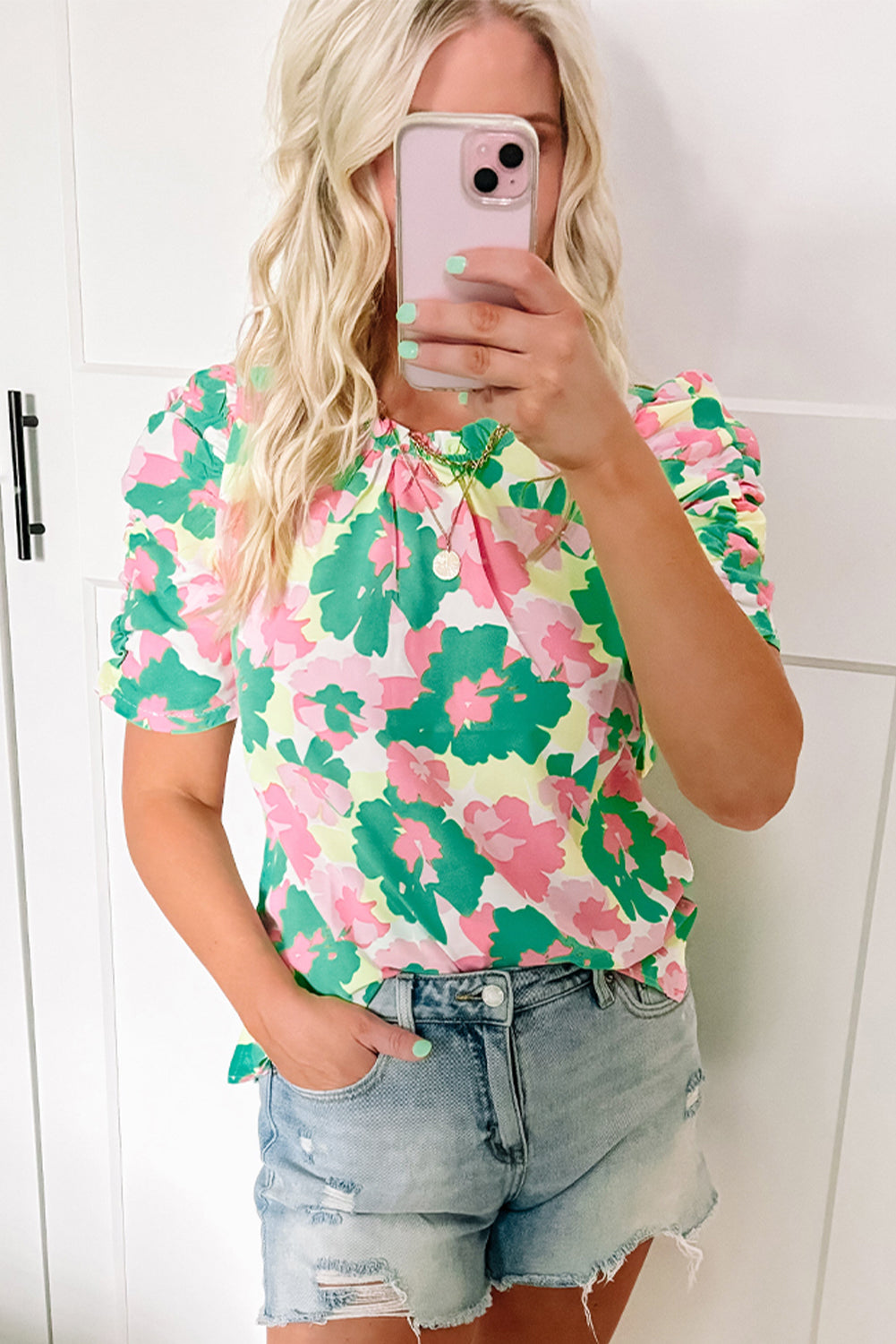 Green Abstract Print Frilly Neck Ruched Short Sleeve Blouse-Tops/Blouses & Shirts-[Adult]-[Female]-2022 Online Blue Zone Planet