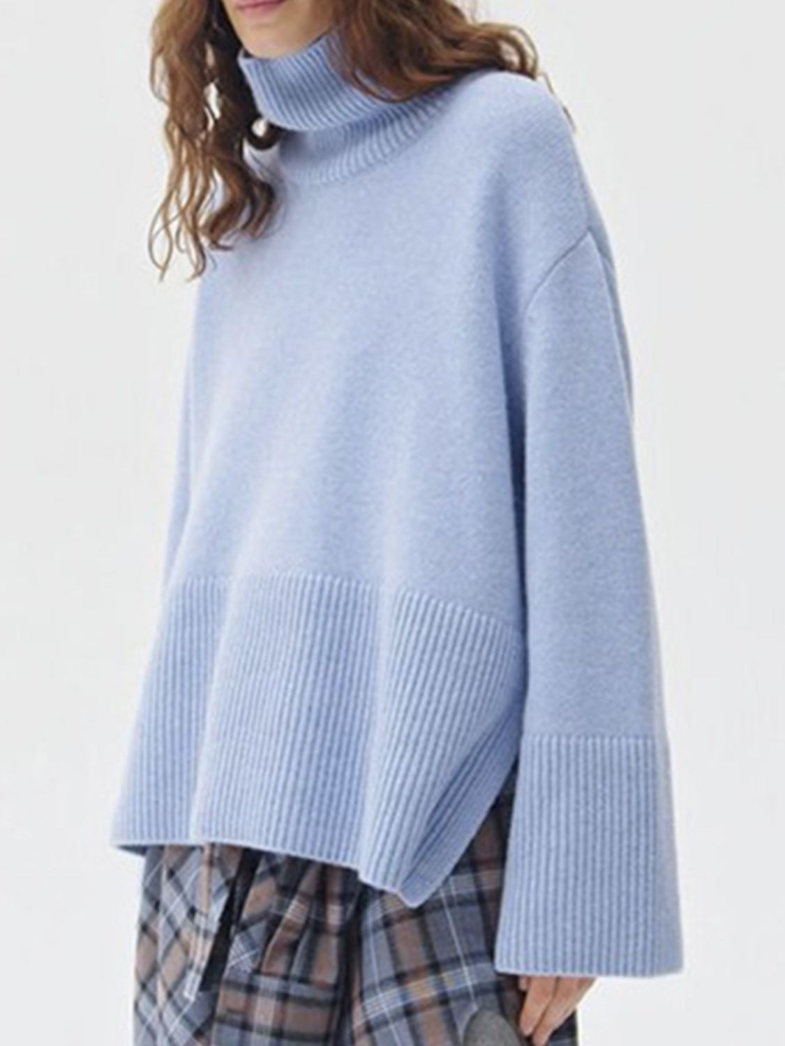 Side Slit Turtleneck Drop Shoulder Sweater-TOPS / DRESSES-[Adult]-[Female]-2022 Online Blue Zone Planet