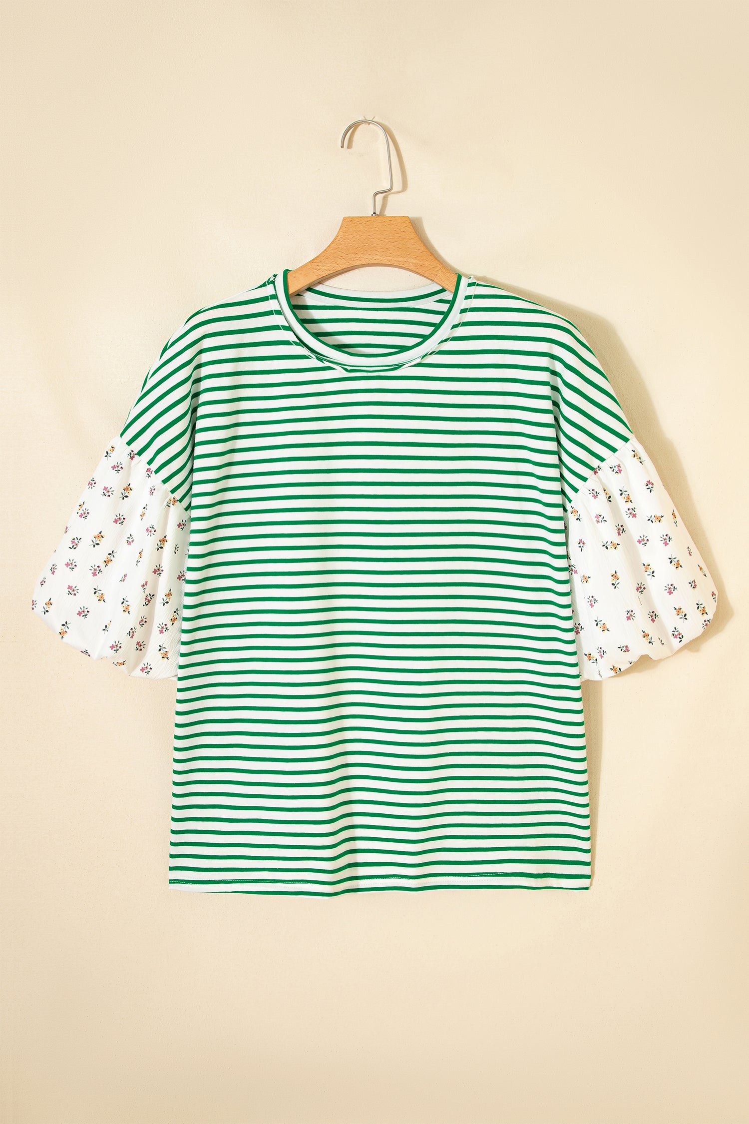 Green Stripe Floral Puff Sleeve Patchwork Round Neck Loose Top-Tops/Blouses & Shirts-[Adult]-[Female]-2022 Online Blue Zone Planet