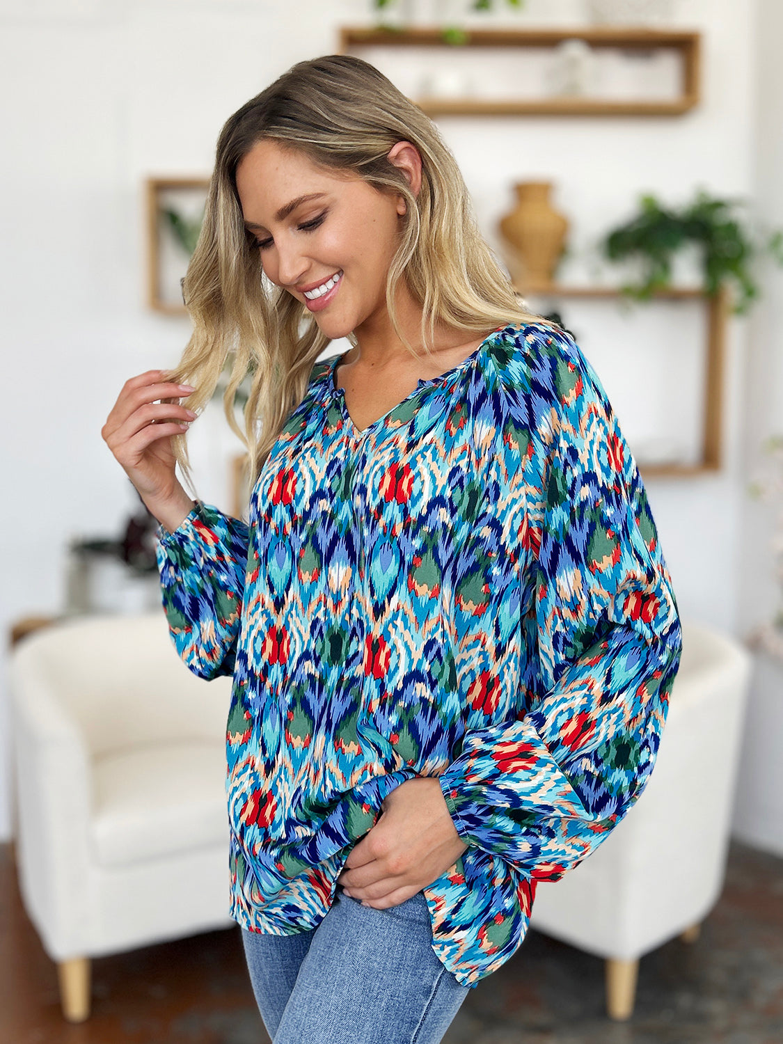 Blue Zone Planet | Double Take Full Size Printed Balloon Sleeve Blouse-TOPS / DRESSES-[Adult]-[Female]-2022 Online Blue Zone Planet