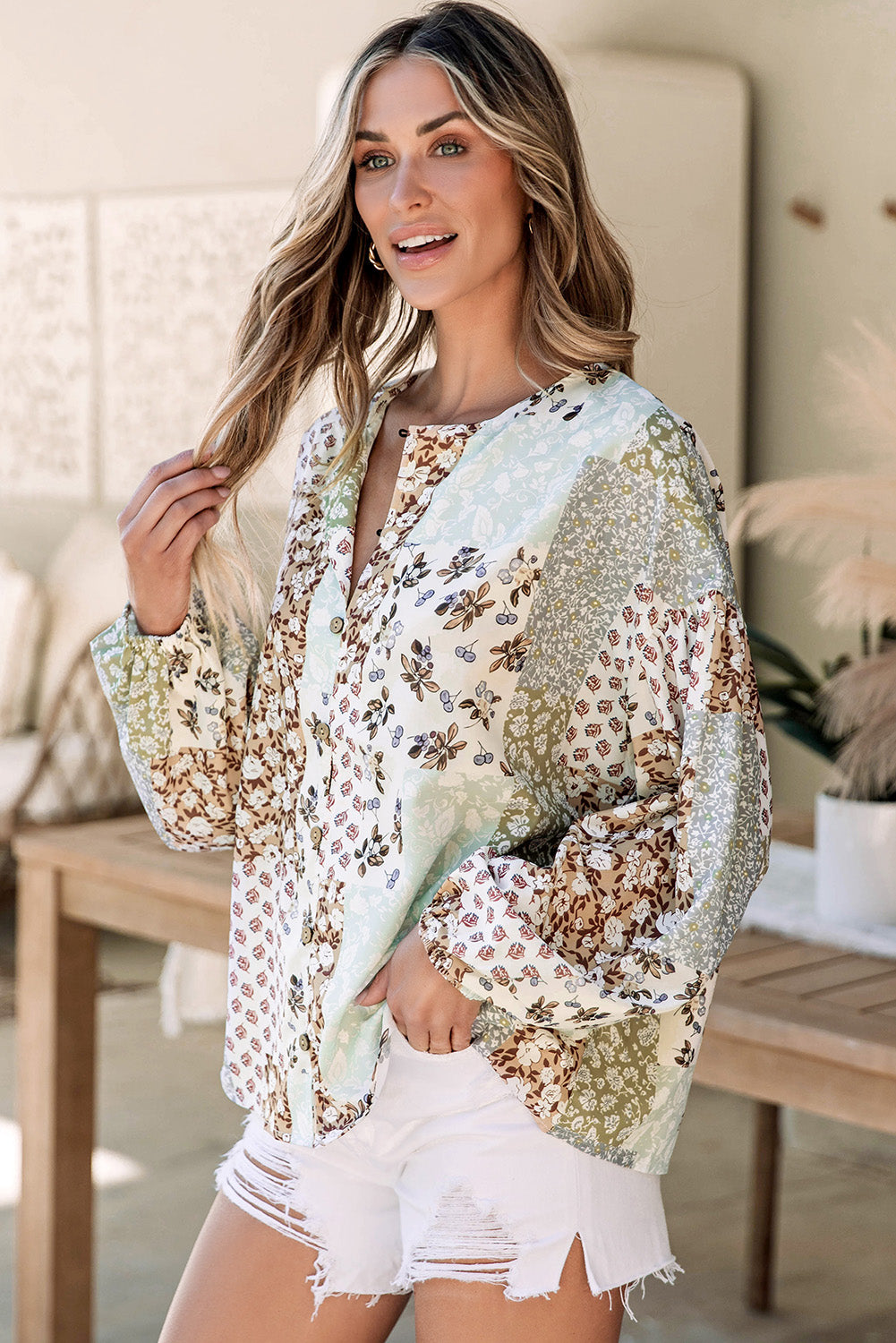 Multicolor Floral Patchwork Print Long Puff Sleeve Shirt-Tops/Blouses & Shirts-[Adult]-[Female]-2022 Online Blue Zone Planet
