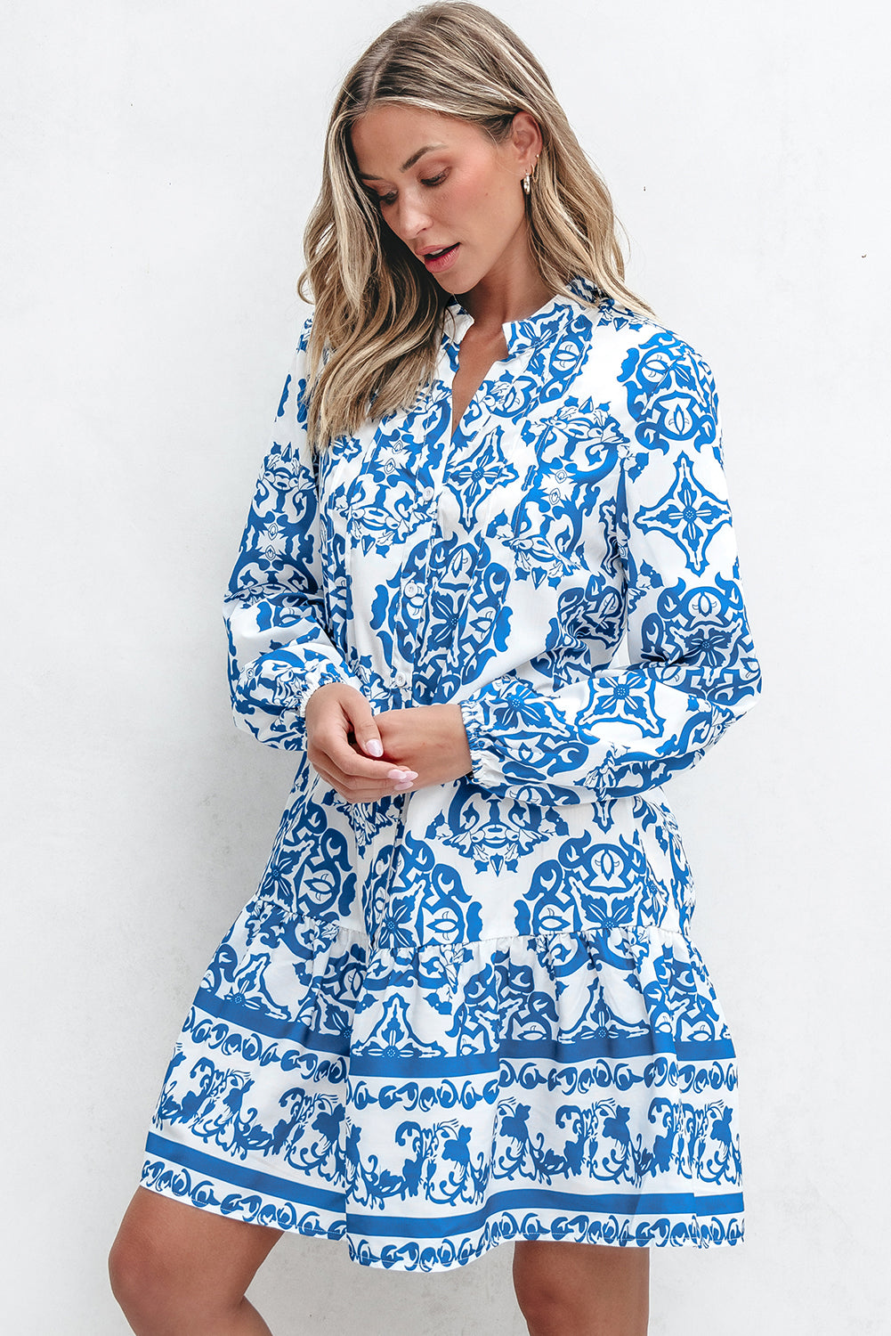 Blue Zone Planet | Sky Blue Tribal Print Button Up Notch Neck Loose Mini Dress-TOPS / DRESSES-[Adult]-[Female]-2022 Online Blue Zone Planet