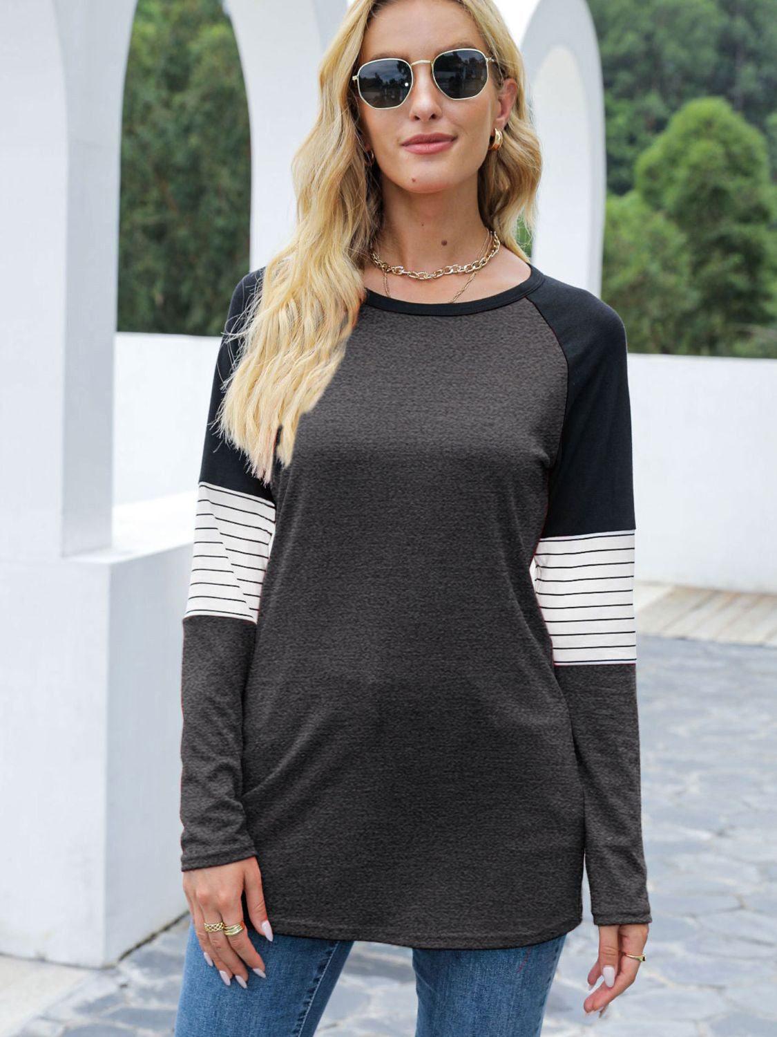 Contrast Striped Round Neck Long Sleeve T-Shirt-TOPS / DRESSES-[Adult]-[Female]-Black-S-2022 Online Blue Zone Planet