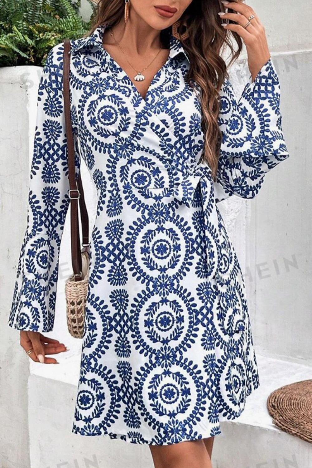 Blue Floral Print V Neck Wrapped Knot Long Sleeve Dress-Dresses/Floral Dresses-[Adult]-[Female]-2022 Online Blue Zone Planet