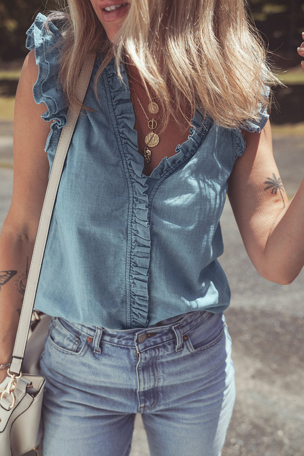 Beau Blue Frilly Ruffle Trim V Neck Chambray Tank Top-Tops/Tank Tops-[Adult]-[Female]-2022 Online Blue Zone Planet