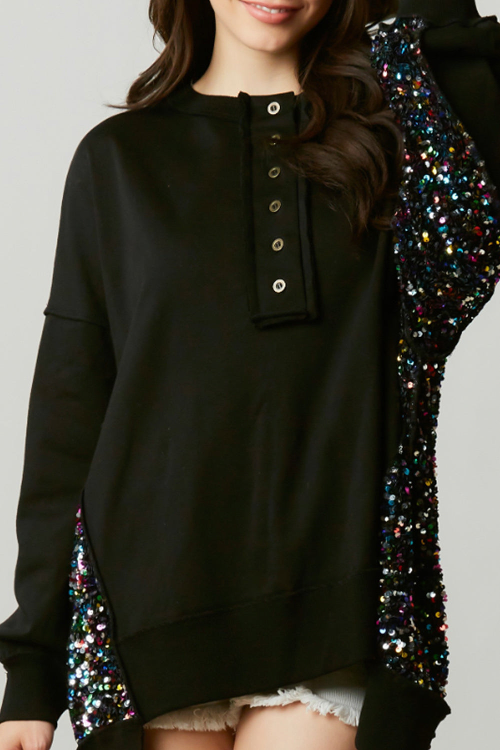 Bonbon Sequin Patchwork High Low Hem Henley Sweatshirt-Tops/Sweatshirts & Hoodies-[Adult]-[Female]-2022 Online Blue Zone Planet