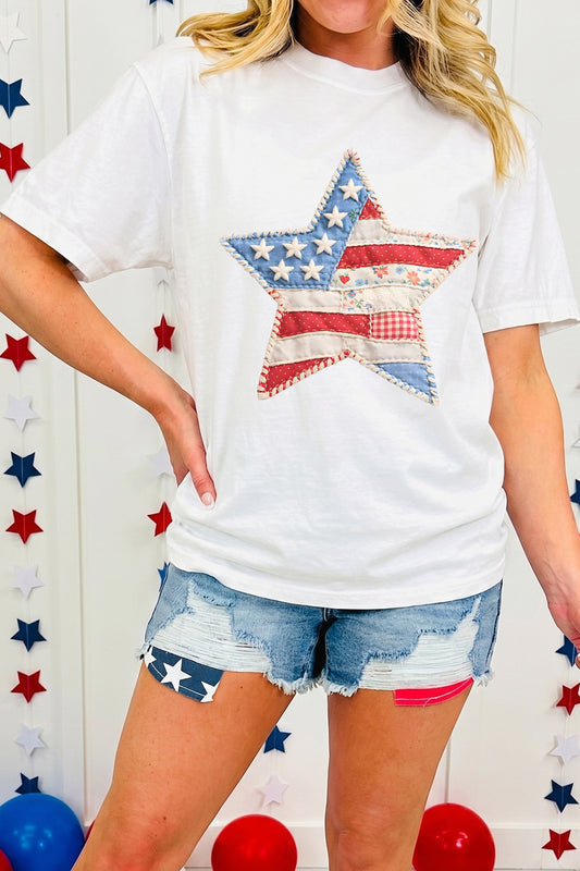 White Faux Patchwork Star Printed Patriotic Graphic Tee-Graphic/Graphic Tees-[Adult]-[Female]-White-S-2022 Online Blue Zone Planet