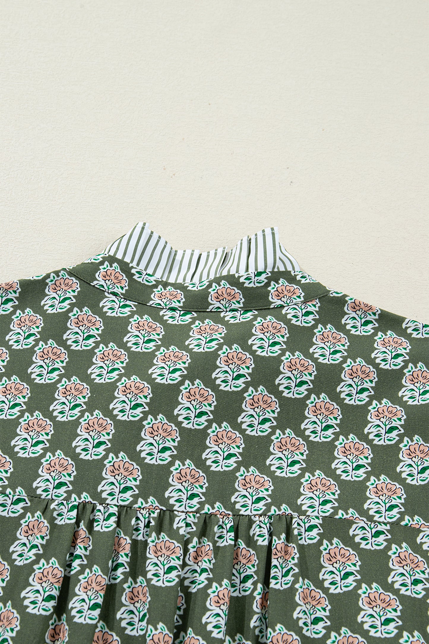 Green Contrast Striped Frilled Collar 3/4 Sleeve Plus Size Floral Dress-TOPS / DRESSES-[Adult]-[Female]-2022 Online Blue Zone Planet