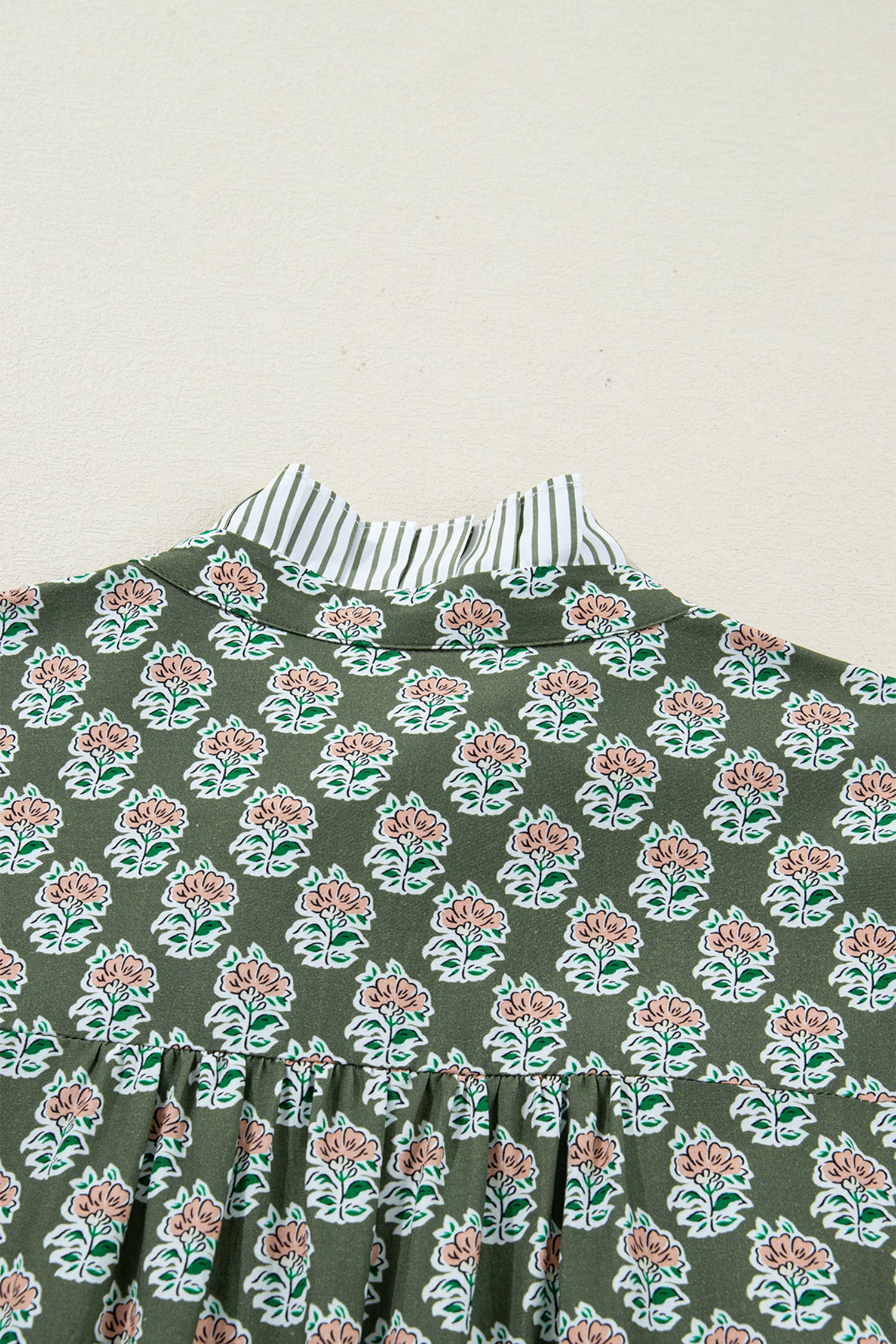 Green Contrast Striped Frilled Collar 3/4 Sleeve Plus Size Floral Dress-TOPS / DRESSES-[Adult]-[Female]-2022 Online Blue Zone Planet