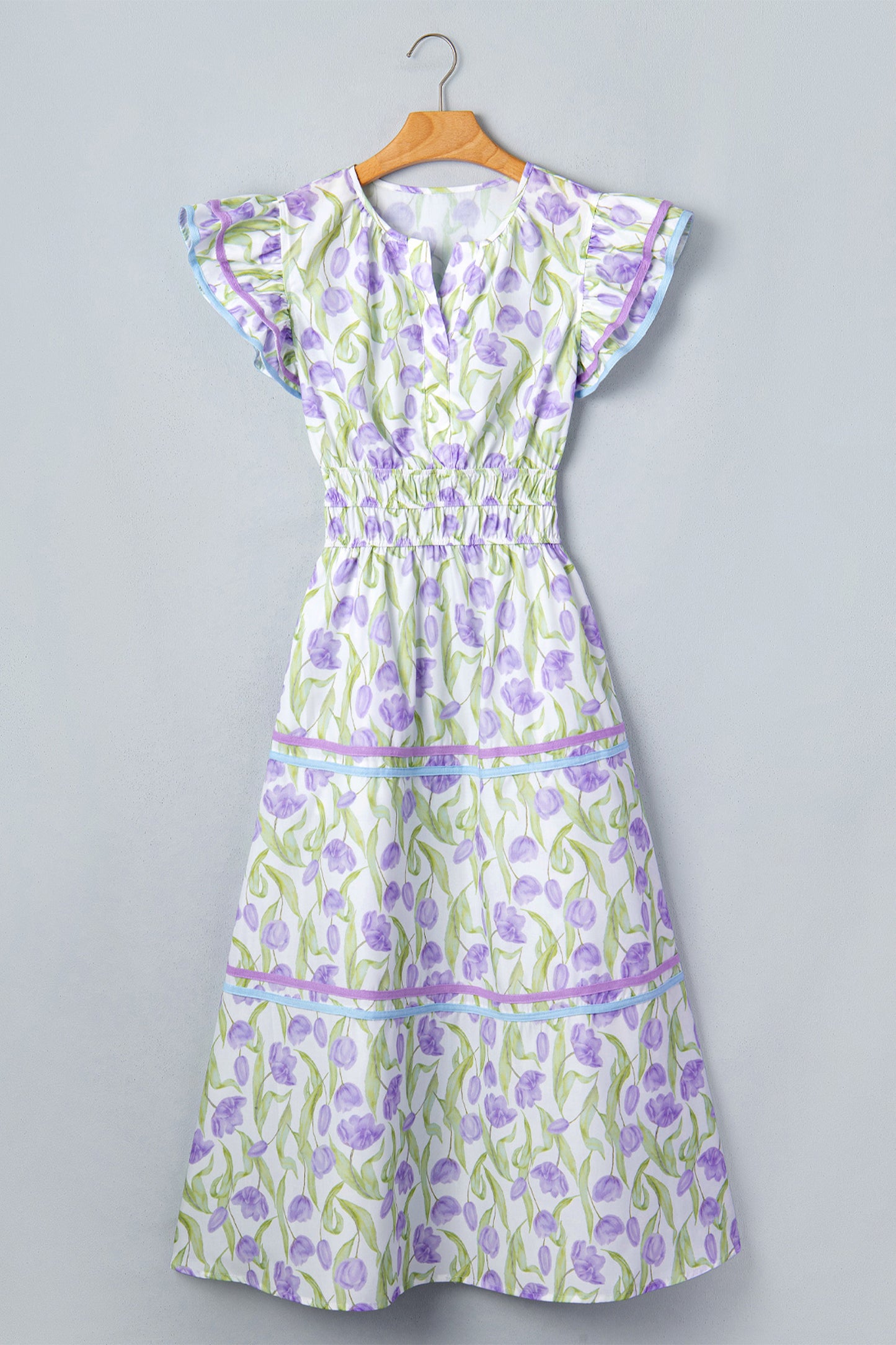 Purple Tulip Floral Print Contrast Trim Midi Dress-TOPS / DRESSES-[Adult]-[Female]-2022 Online Blue Zone Planet