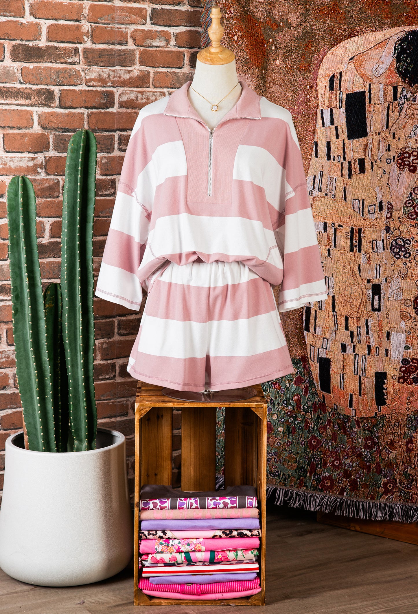 Pink Stripe Half Zip Bracelet Sleeve Top Casual Short Set-Two Piece Sets/Short Sets-[Adult]-[Female]-2022 Online Blue Zone Planet