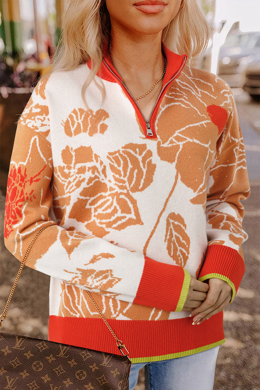 Khaki Floral Half Zip Collared Pullover Sweater-Sweaters & Cardigans/Sweaters-[Adult]-[Female]-Khaki-S-2022 Online Blue Zone Planet