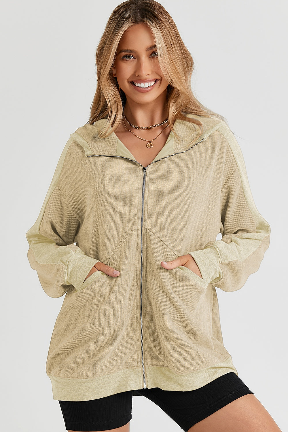 Pocketed Zip Up Dropped Shoulder Hooded Jacket-TOPS / DRESSES-[Adult]-[Female]-2022 Online Blue Zone Planet