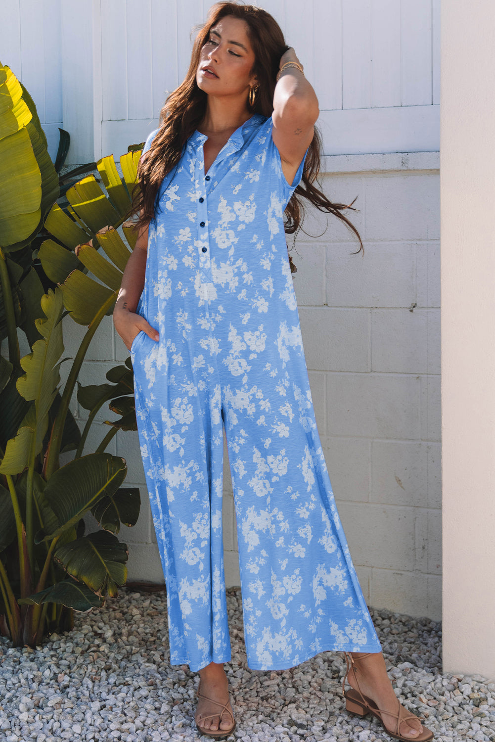 Myosotis Floral Print Half Button Wide Leg Relaxed Sleeveless Jumpsuit-Bottoms/Jumpsuits & Rompers-[Adult]-[Female]-2022 Online Blue Zone Planet