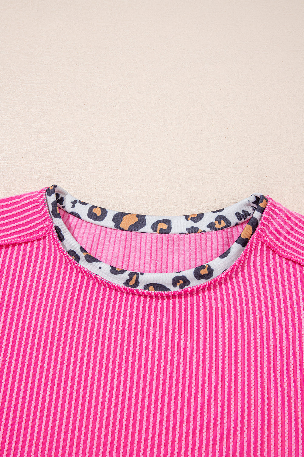 Bonbon Leopard Patchwork Corded Knit Crew Neck T Shirt-Tops/Tops & Tees-[Adult]-[Female]-2022 Online Blue Zone Planet