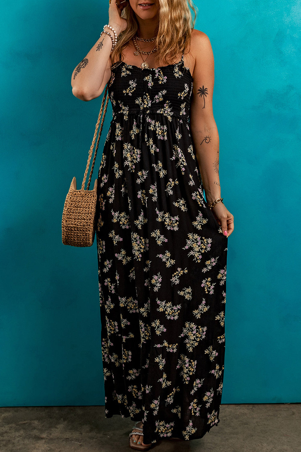 Black Floral Spaghetti Strap Shirred Bodice Tied Empire Waist Maxi Dress-TOPS / DRESSES-[Adult]-[Female]-2022 Online Blue Zone Planet
