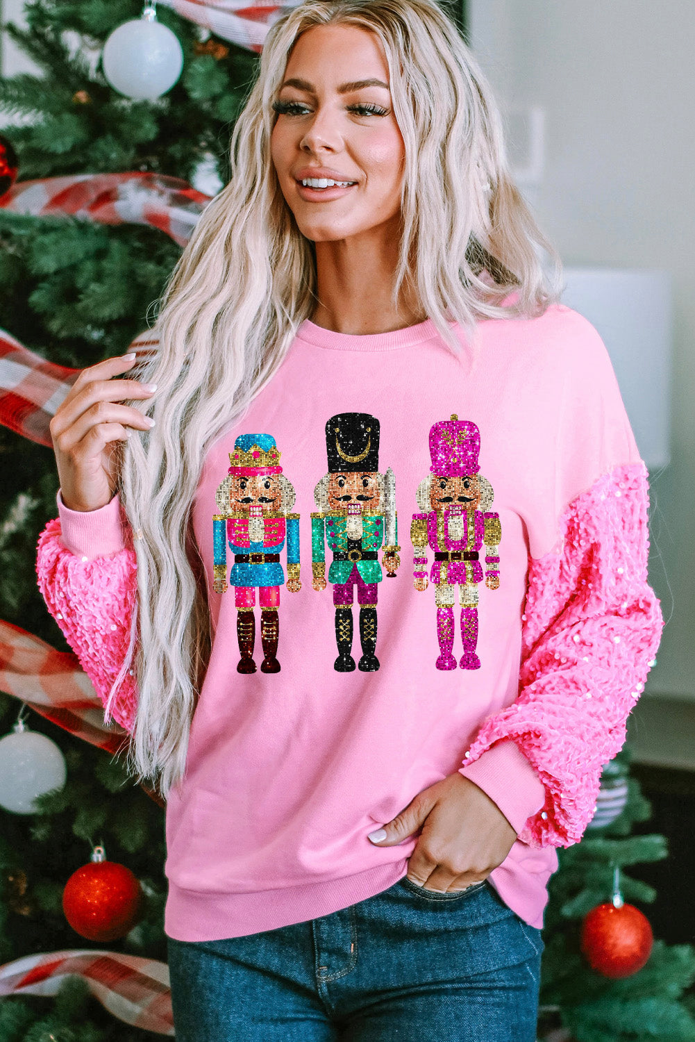 Blue Zone Planet | Pink Nutcracker Graphic Christmas Sequin Sleeve Drop Shoulder Sweatshirt-Graphic Sweatshirts-[Adult]-[Female]-2022 Online Blue Zone Planet