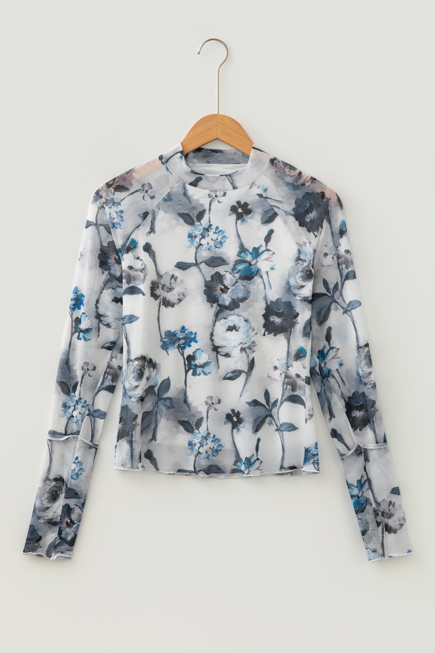 Sky Blue Floral Mesh High Neck Long Sleeve Sheath Top-Tops/Long Sleeve Tops-[Adult]-[Female]-2022 Online Blue Zone Planet