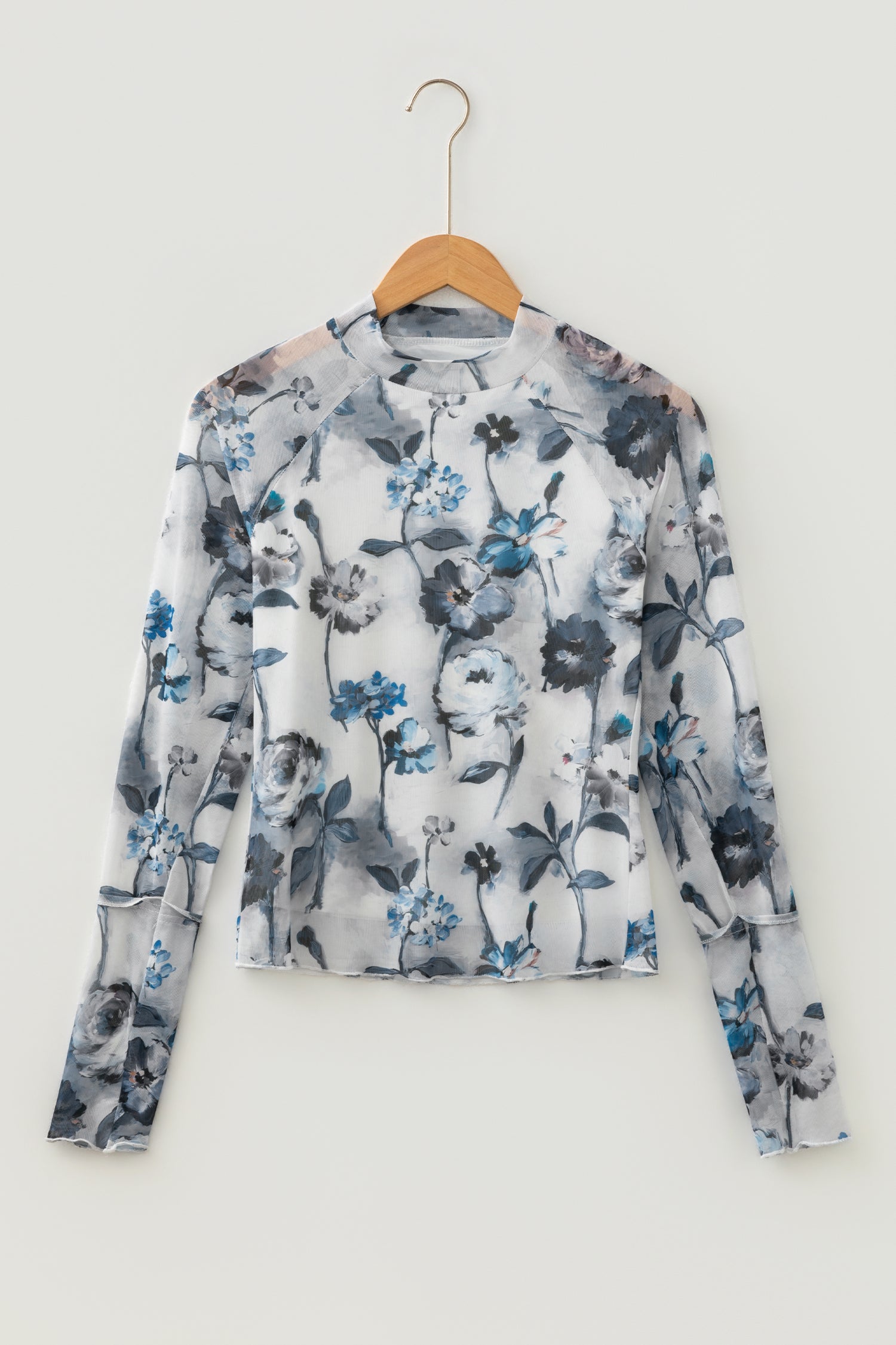 Sky Blue Floral Mesh High Neck Long Sleeve Sheath Top-Tops/Long Sleeve Tops-[Adult]-[Female]-2022 Online Blue Zone Planet