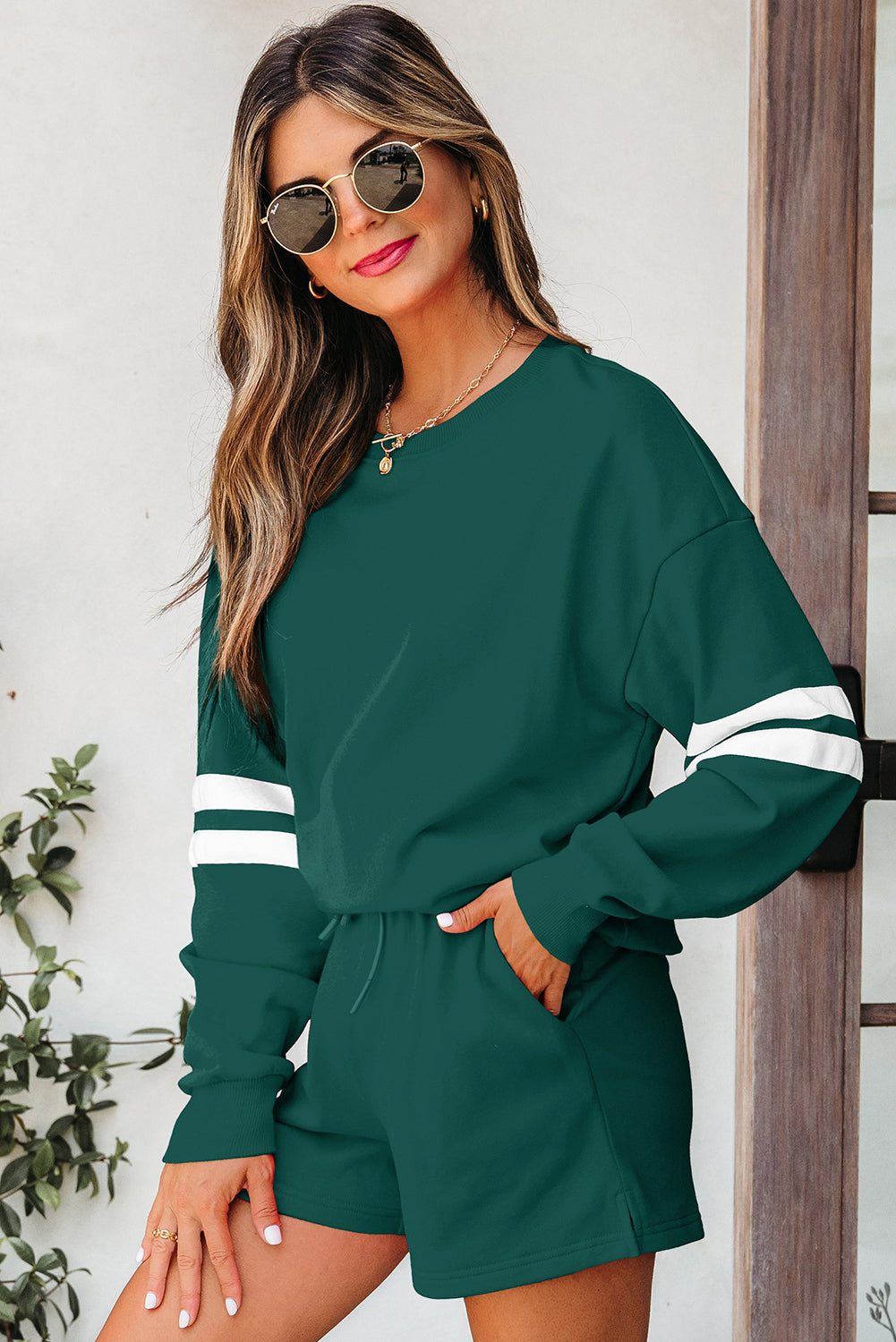 Fiery Red Varsity Striped Sleeve Drop Shoulder Sweatshirt and Short Set-Two Piece Sets/Short Sets-[Adult]-[Female]-2022 Online Blue Zone Planet
