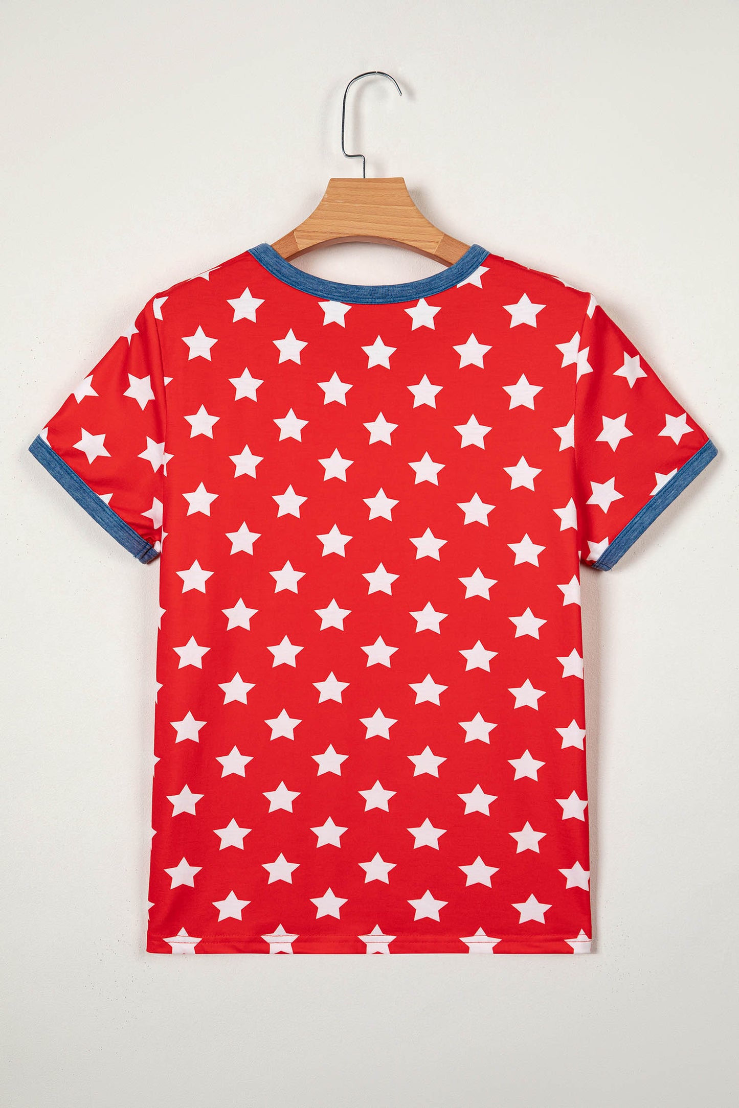 Red Stars Print Colorblock Binding Tape Collar Cuff Viscose Tunic Top-Tops/Tops & Tees-[Adult]-[Female]-2022 Online Blue Zone Planet