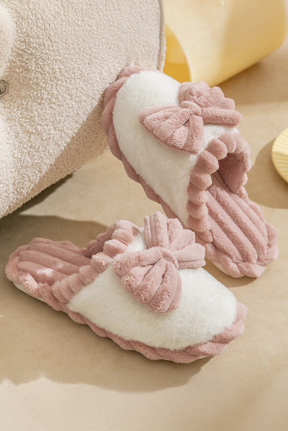 Fushia Bow Decor Color Block Ribbed Plush Slippers-Shoes & Bags/Slippers-[Adult]-[Female]-2022 Online Blue Zone Planet