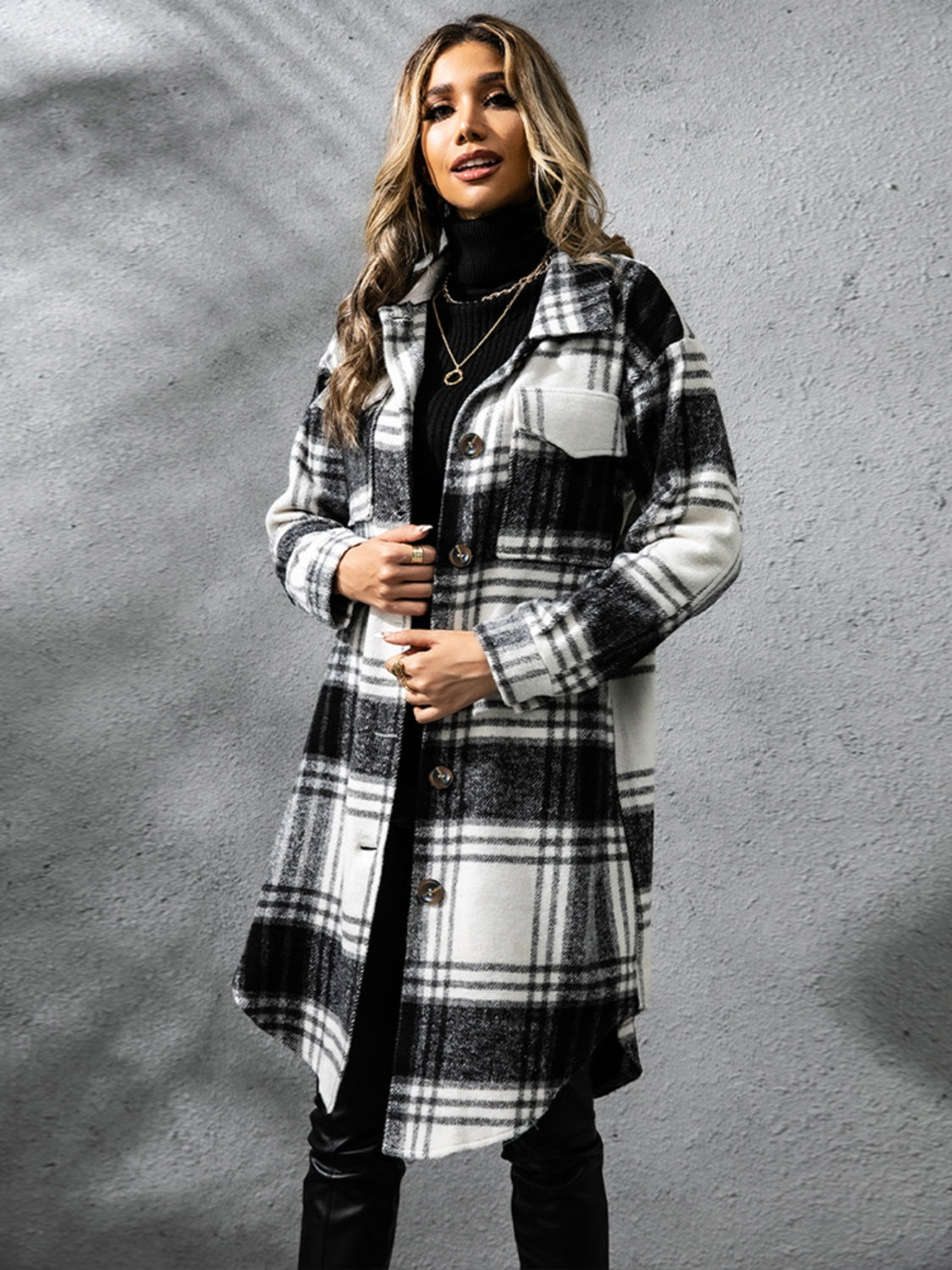 Plaid Collared Neck Long Sleeve Coat-TOPS / DRESSES-[Adult]-[Female]-2022 Online Blue Zone Planet