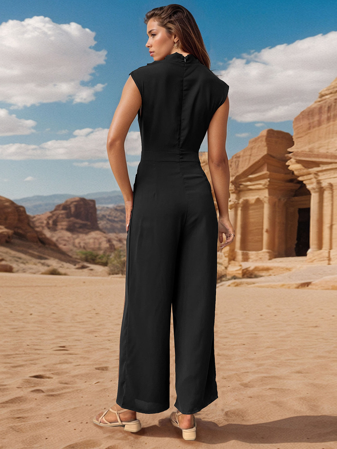 Blue Zone Planet | Ruched Mock Neck Sleeveless Jumpsuit-TOPS / DRESSES-[Adult]-[Female]-2022 Online Blue Zone Planet