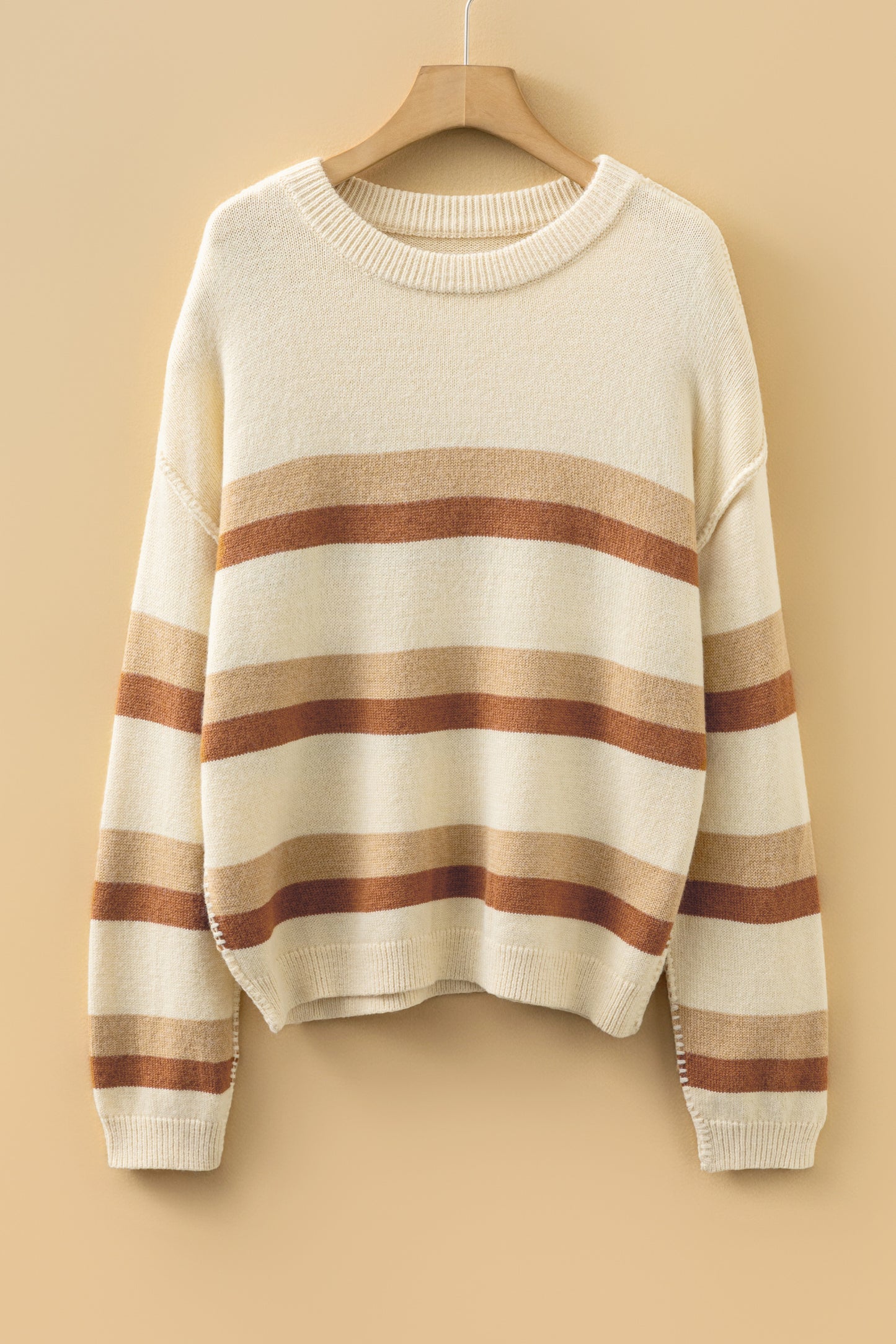 Khaki Stripe Exposed Seam Drop Shoulder Knit Baggy Sweater-TOPS / DRESSES-[Adult]-[Female]-2022 Online Blue Zone Planet