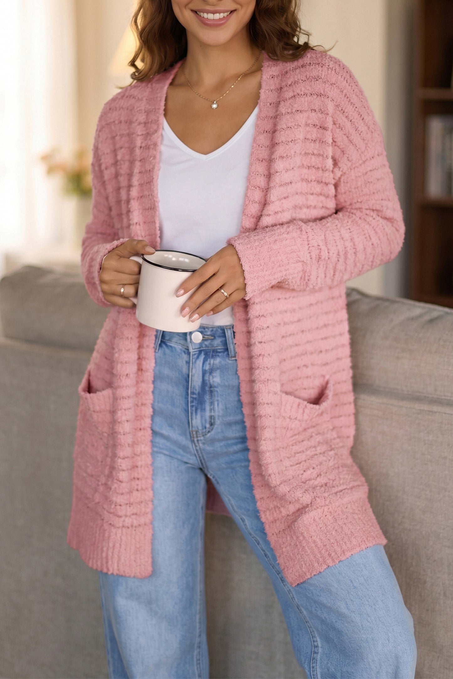 Light Pink Open Front Soft Fuzzy Ribbed Sweater Cardigan-Sweaters & Cardigans/Cardigans-[Adult]-[Female]-2022 Online Blue Zone Planet