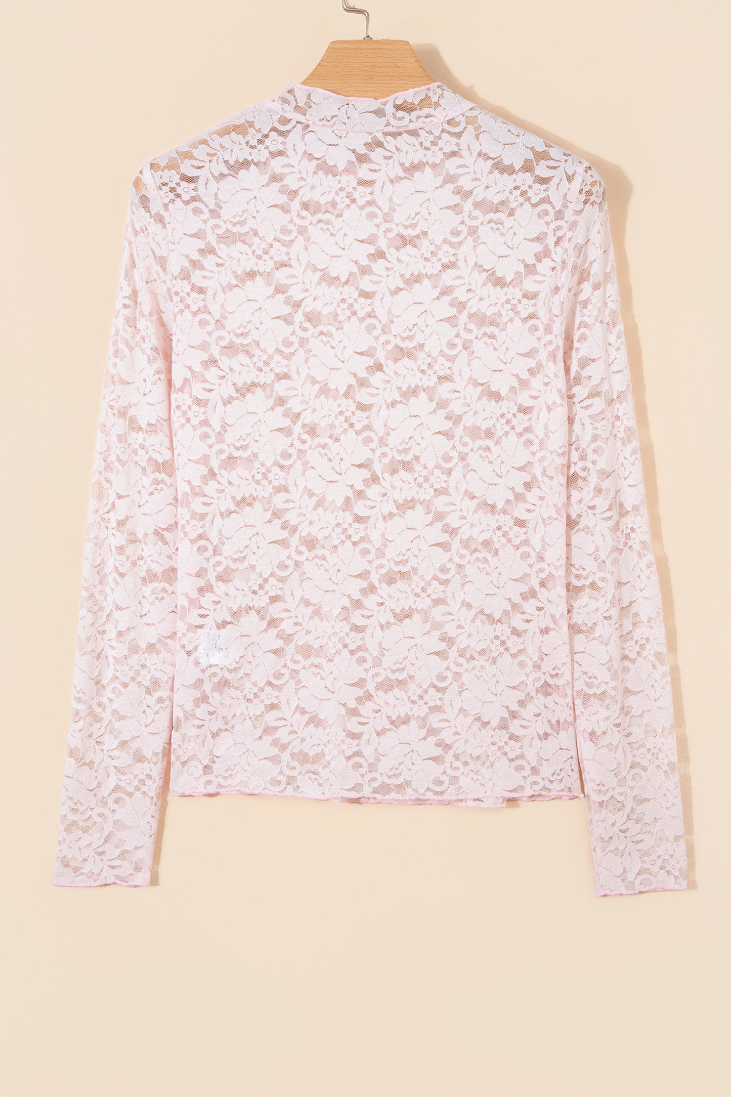 Light Pink Floral Lace Long Sleeve Stand Neck Pullover Top-Tops/Long Sleeve Tops-[Adult]-[Female]-2022 Online Blue Zone Planet