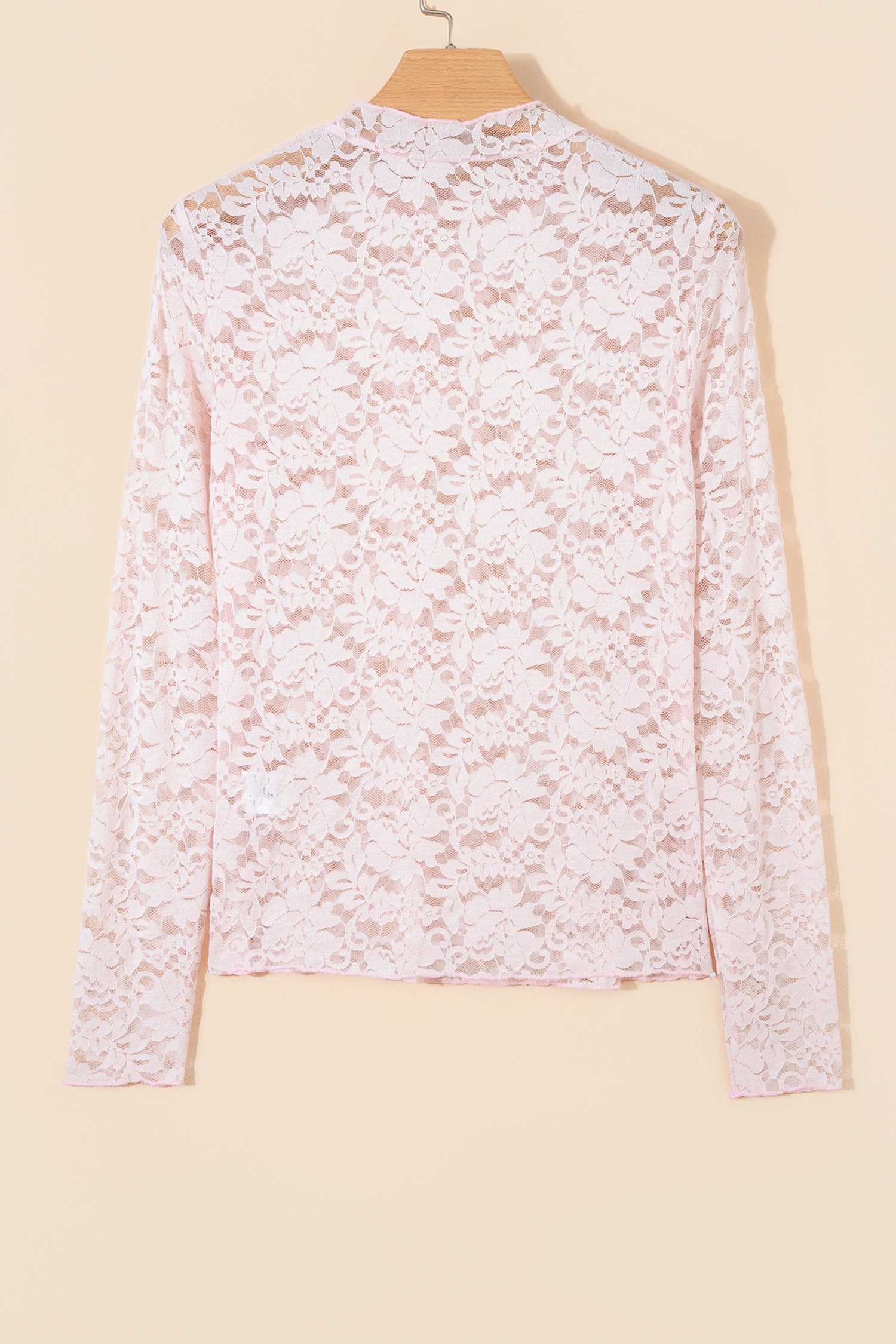 Light Pink Floral Lace Long Sleeve Stand Neck Pullover Top-Tops/Long Sleeve Tops-[Adult]-[Female]-2022 Online Blue Zone Planet