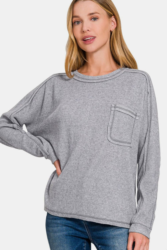 Zenana Full Size Contrast Stitching Brushed Ribbed Hacci Knit Top-TOPS / DRESSES-[Adult]-[Female]-Gray-S/M-2022 Online Blue Zone Planet