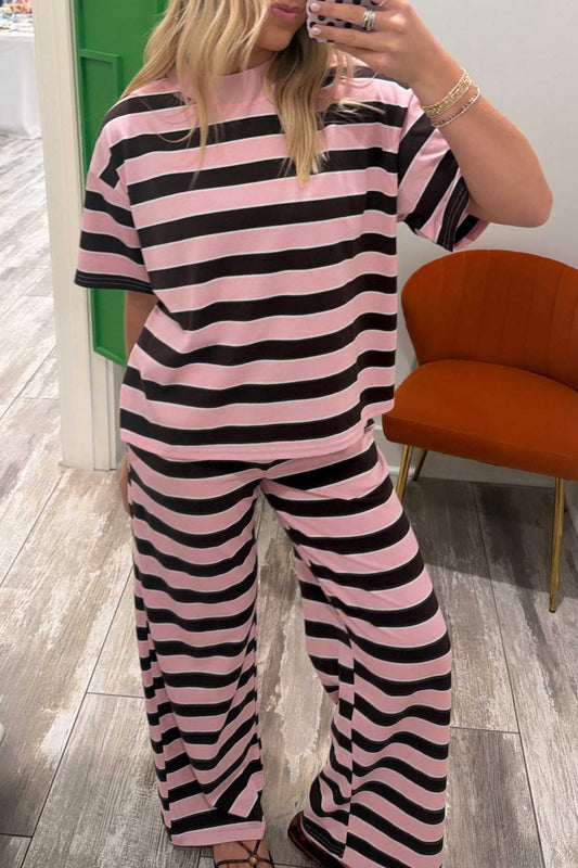 Pink Stripe Loose Tee and Pants Two Piece Set-Two Piece Sets/Pant Sets-[Adult]-[Female]-Pink Stripe-S-2022 Online Blue Zone Planet