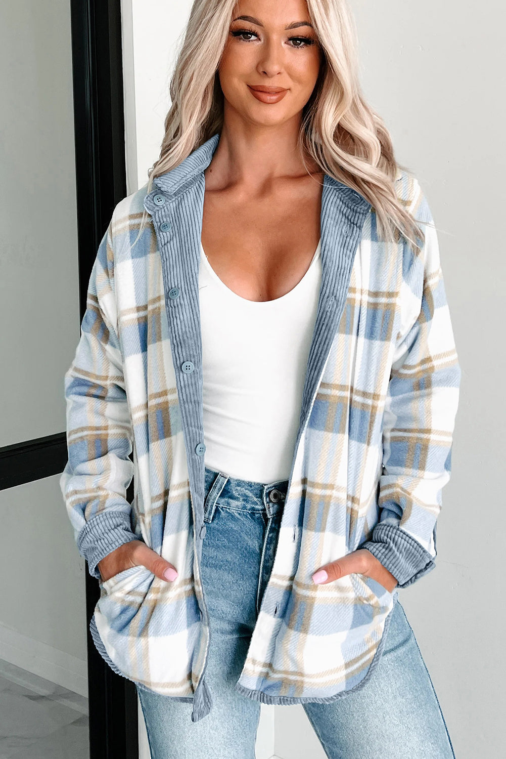 Stone Blue Plaid Corduroy Reversible Button Up Shacket-Outerwear/Plaid Shackets-[Adult]-[Female]-2022 Online Blue Zone Planet
