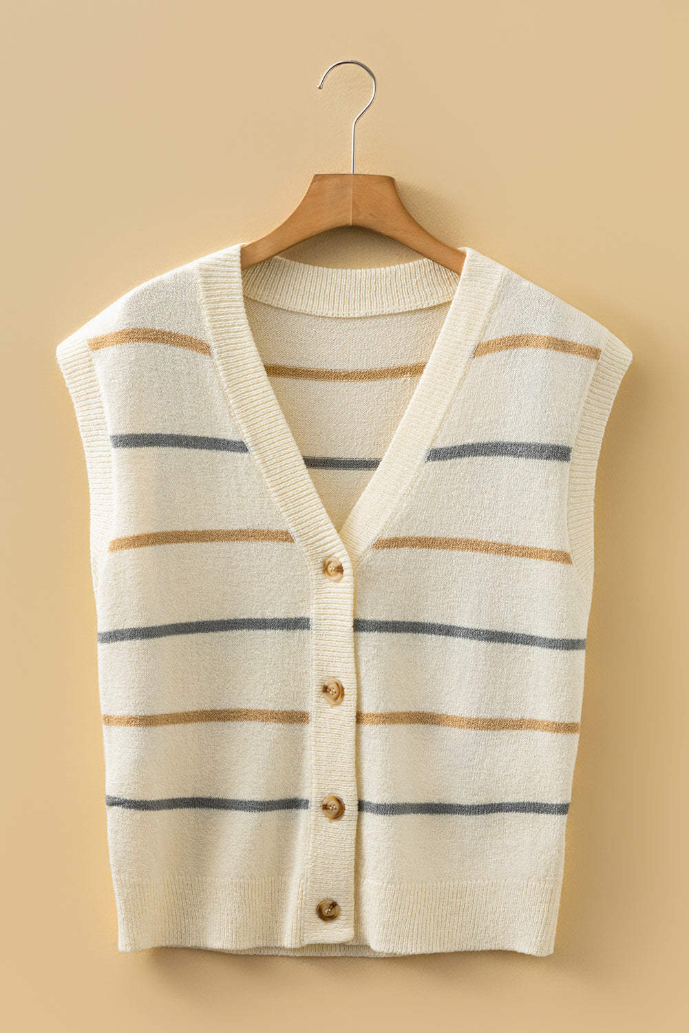 Multicolour Striped Print Button V Neck Sweater Vest-Sweaters & Cardigans/Sweater Vests-[Adult]-[Female]-2022 Online Blue Zone Planet