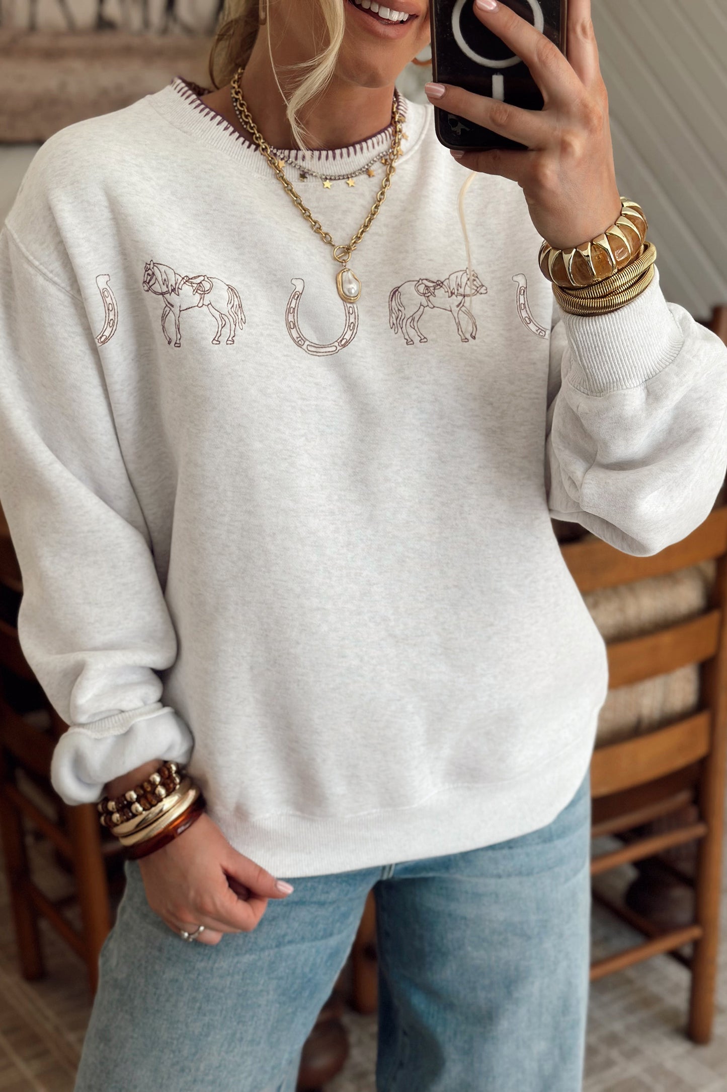 Light Grey Western Print Embroidered Casual Sweatshirt-Tops/Sweatshirts & Hoodies-[Adult]-[Female]-2022 Online Blue Zone Planet