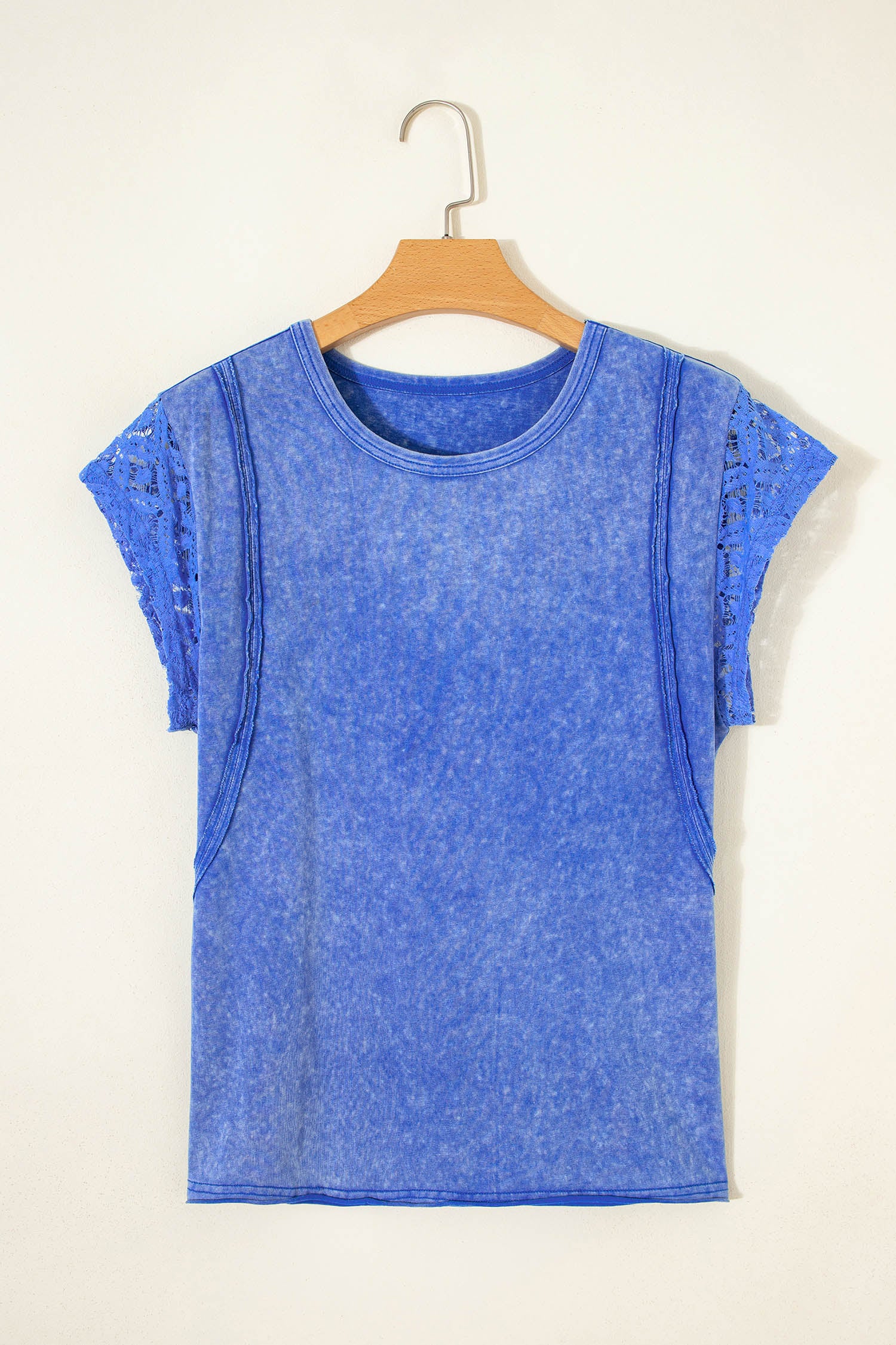 Sky Blue Mineral Wash Raw Seam Lace Sleeve Cotton Tee-Tops/Tops & Tees-[Adult]-[Female]-2022 Online Blue Zone Planet