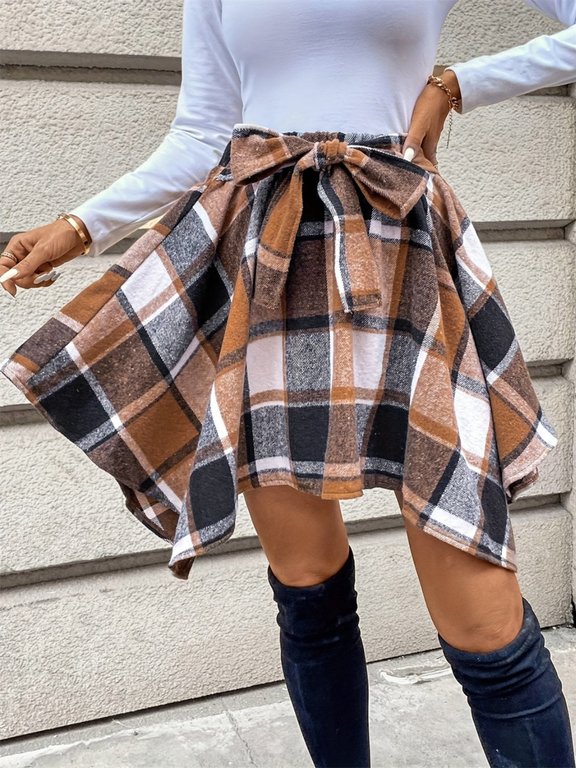 Tied Plaid Asymmetrical Hem Skirt-BOTTOMS SIZES SMALL MEDIUM LARGE-[Adult]-[Female]-2022 Online Blue Zone Planet